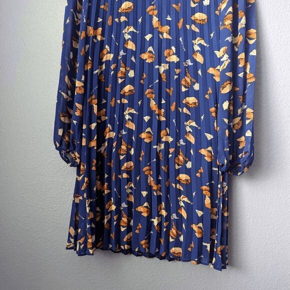 Women's Nine West Dress Midi Pleated with Collar Long Sleeve Royal Blue Pattern - Picture 6 of 8